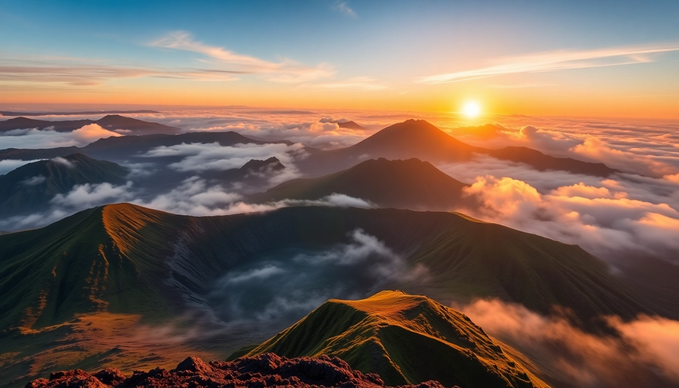 A breathtaking view of Mount Rinjani showcasing its volcanic crater, lush greenery, and sunrise, inviting adventure lovers and nature enthusiasts.