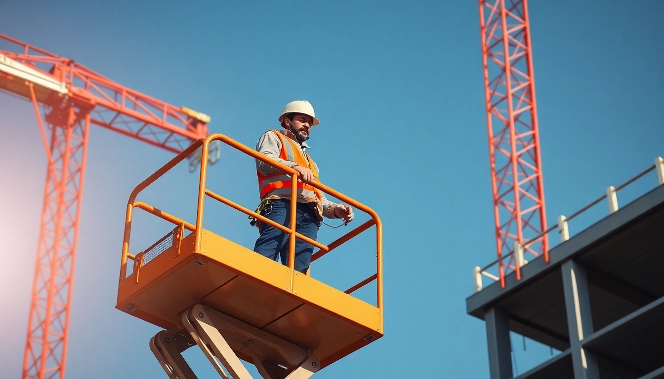 Aerial work platforms rental with operator working at height on a modern scaffold in outdoor setting.