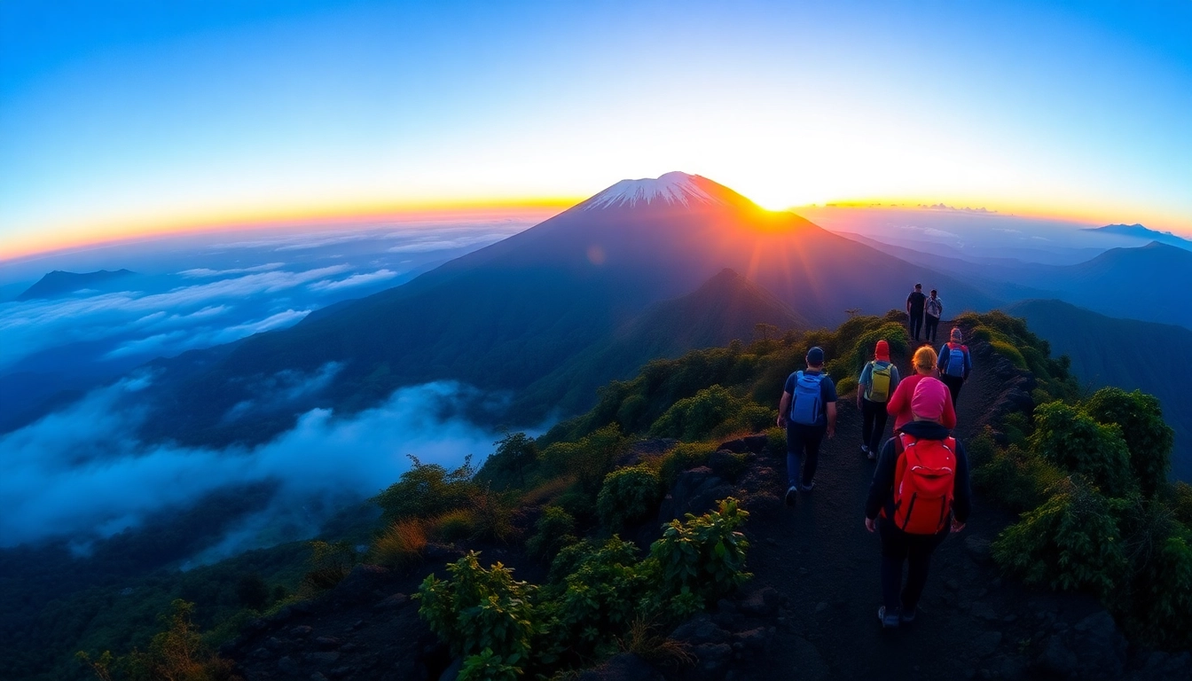 An adventurous group of hikers ascending Mount Rinjani at sunrise with a stunning volcanic landscape in the background.