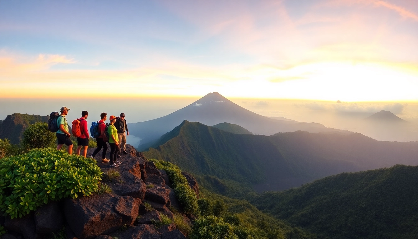 An inspiring sunrise view of Mount Rinjani with hikers on the crater rim, showcasing vibrant colors and rugged landscape.