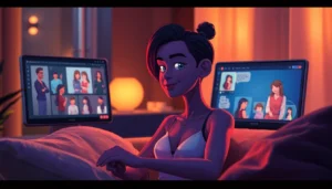 A digital scene showing an AI chat interface with visual character replies in a cozy, futuristic setting.