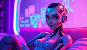 Futuristic AI character in a cozy, neon-lit room, exuding intimacy and warmth.