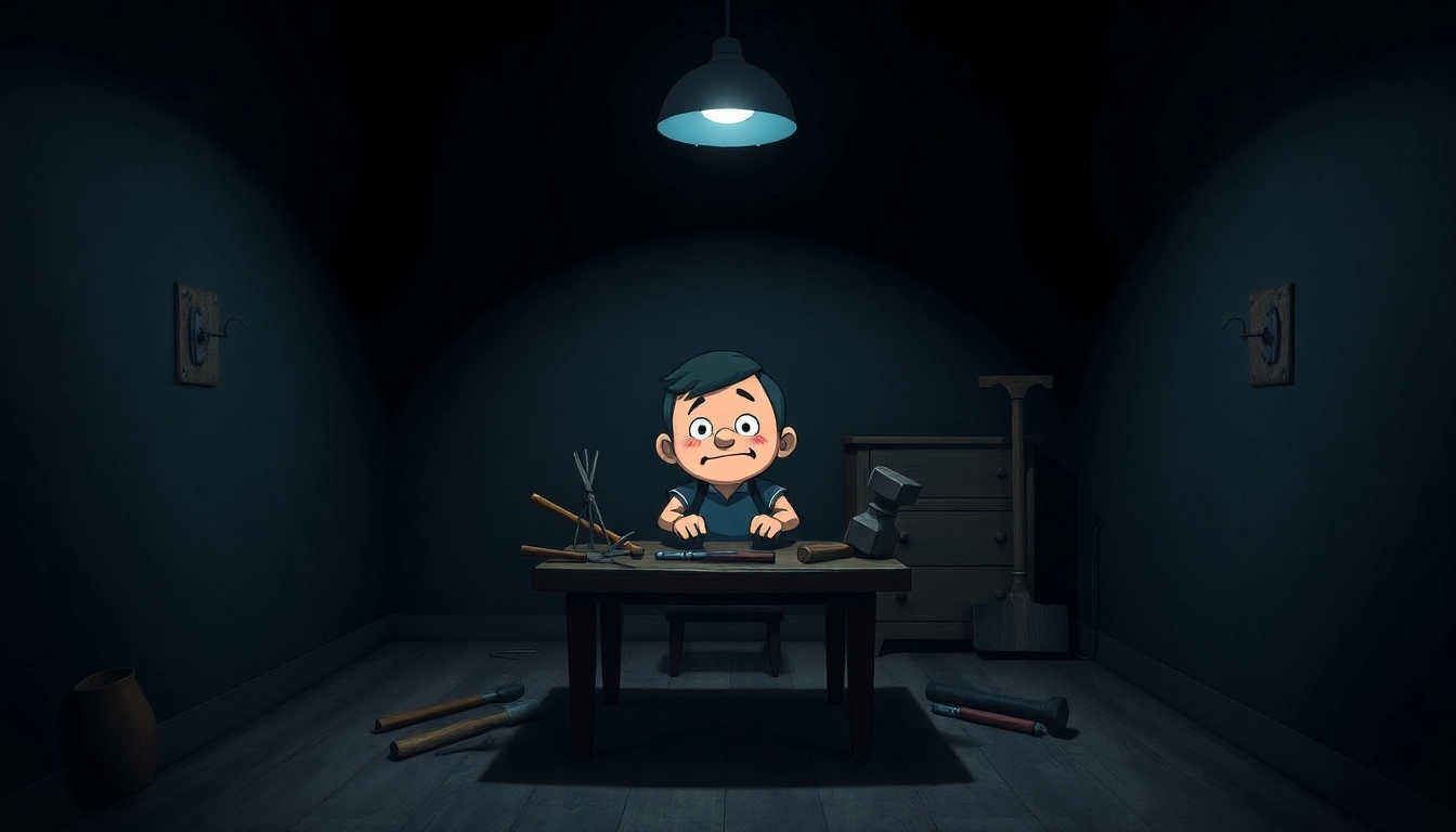A disturbing scene of Harvey, a cheerful cartoon character, sitting at a table surrounded by ominous tools, in a dark, shadowy room.