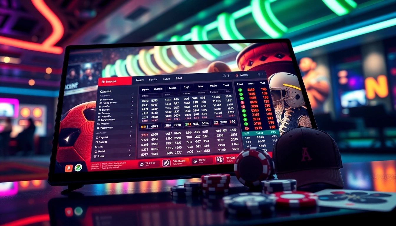 Online sportsbook and casino platform displaying sports icons, betting odds, and a vibrant gaming environment.