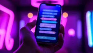 Close-up of a smartphone screen showing a colorful, flirtatious chat interface with AI characters, set against a neon-lit background.