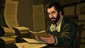 Historical scholar in a dimly lit study with old books and a stained parchment, evoking the origins of 'smut.'