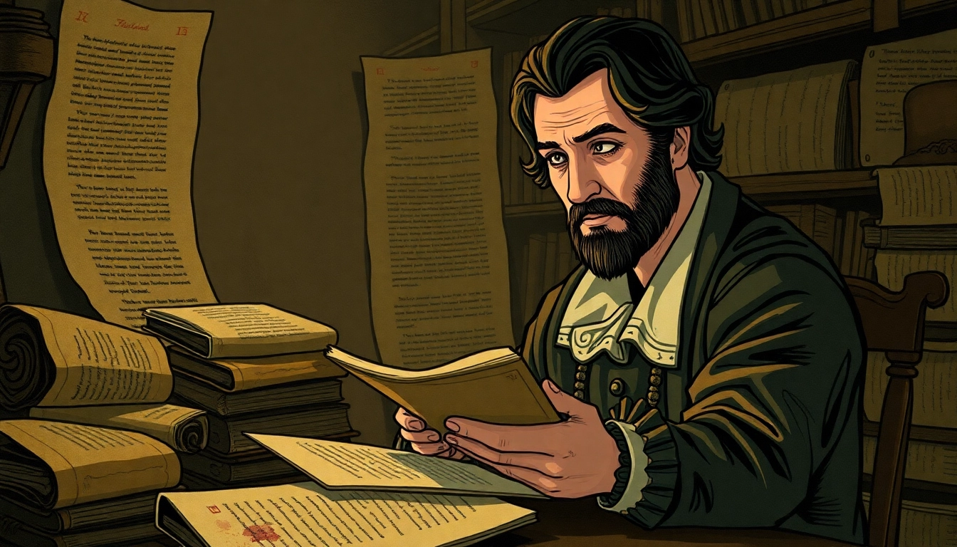 Historical scholar in a dimly lit study with old books and a stained parchment, evoking the origins of 'smut.'