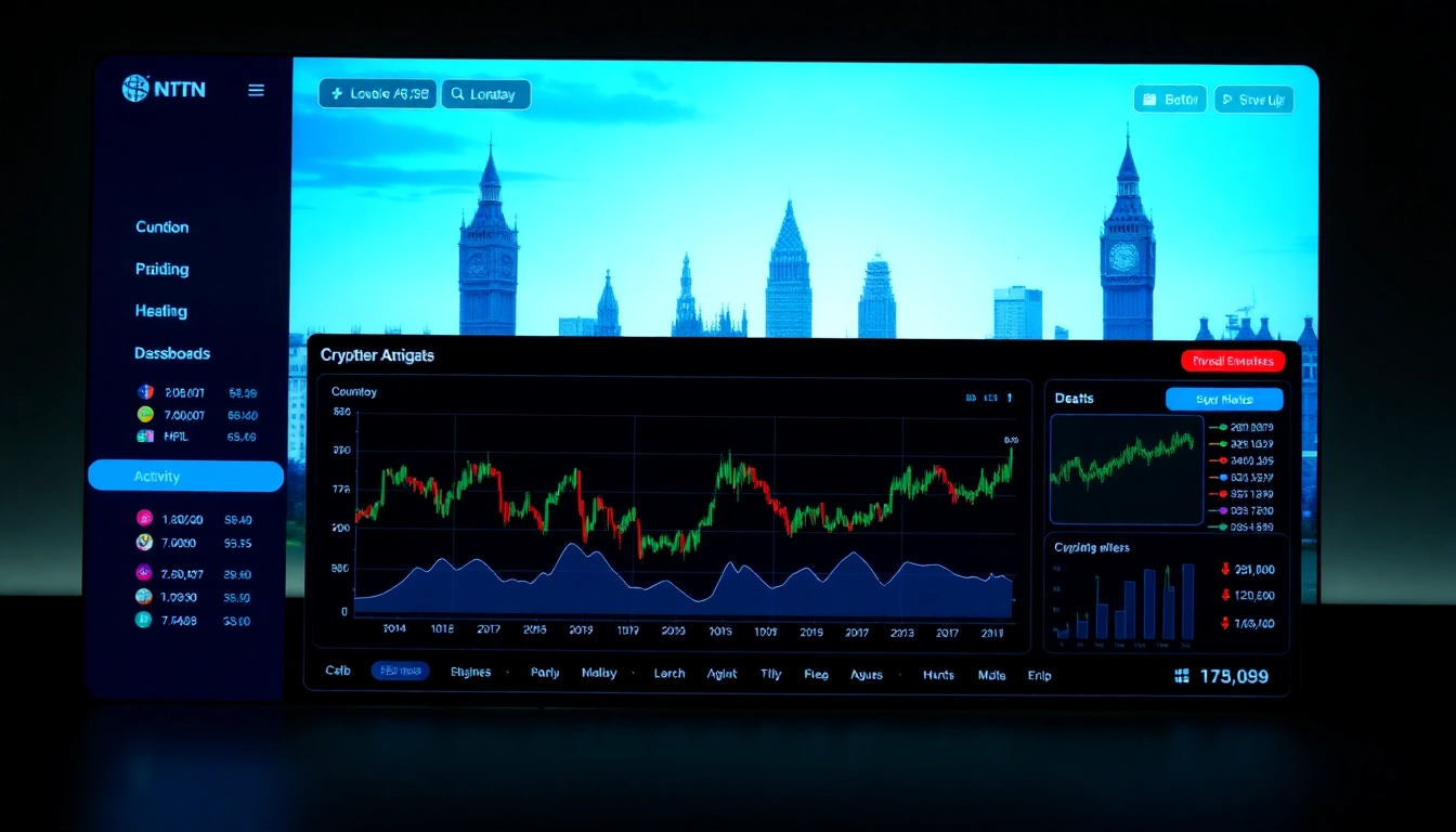 Cryptocurrency Trading News London visual with charts and London skyline for financial updates